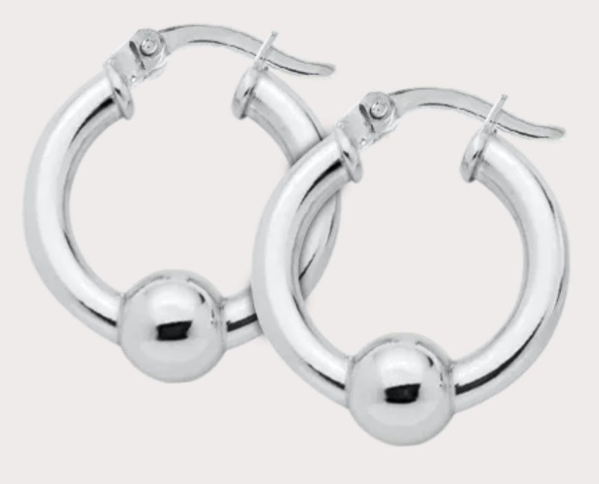 Pair of Single Silver Ball Hoop Earrings